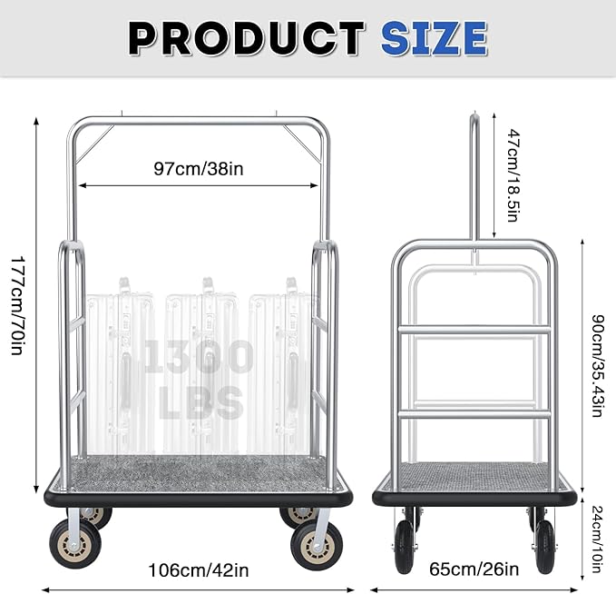 Heavy Duty Luggage Cart - 8" Wheels with Brackets, Commercial Grade Hotel Luggage Trolley, Deluxe Rectangular Steel Bellman Cart with Platform for Hotels Us