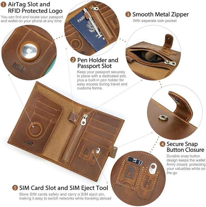 CONTACTS Full Grain Leather Passport Holder RFID Blocking Passport Wallet Compatible with Airtag Travel Passport Cover with SIM Card Removal Tool (Badge, Camel Brown)