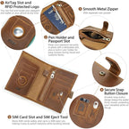 CONTACTS Full Grain Leather Passport Holder RFID Blocking Passport Wallet Compatible with Airtag Travel Passport Cover with SIM Card Removal Tool (Badge, Camel Brown)