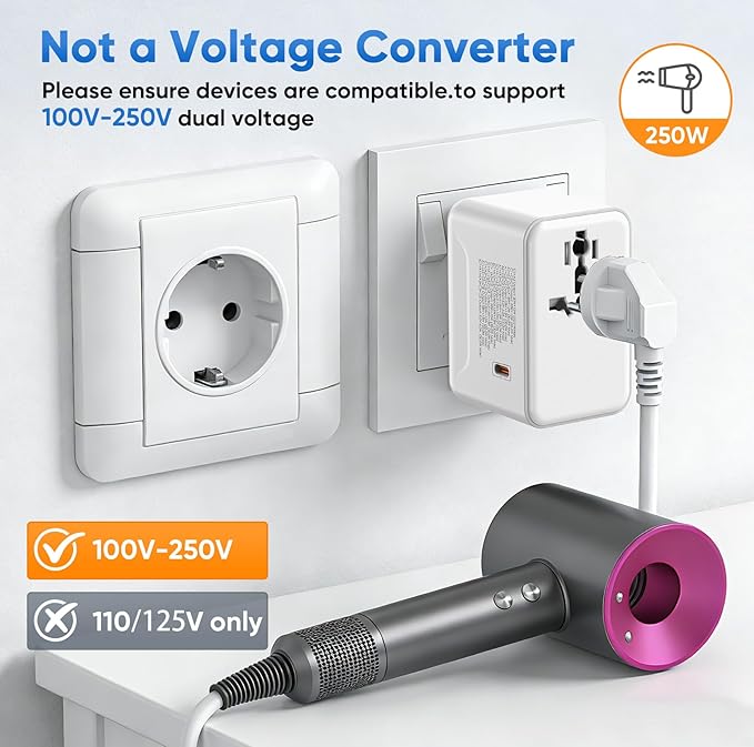 Universal Power Adapter Travel - European Travel Plug Adapter with 3 USB-C PD Fast Charging & 2 USB-A, 1 AC, Worldwide Travel Essentials, International Plug Adapter for UK/US/AU/ID, White