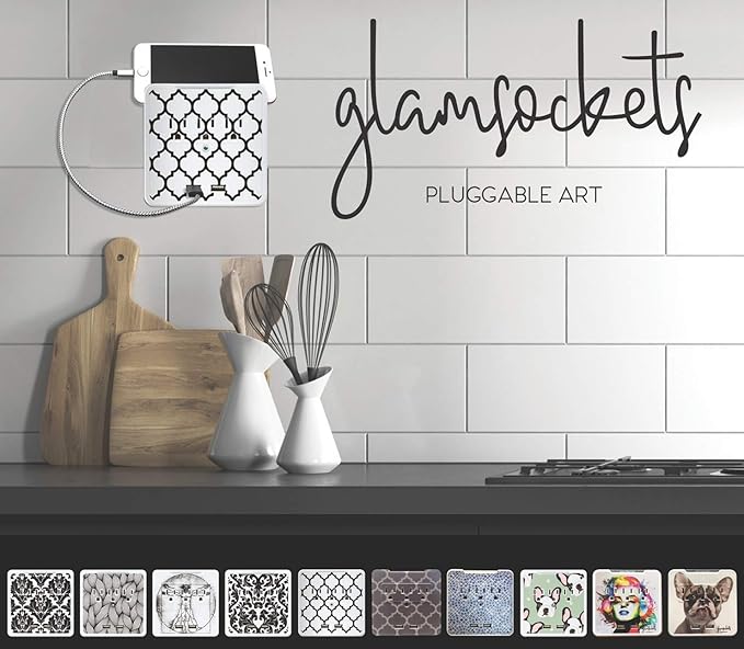 Glamsockets Decorative Wall Mount Surge Protector with 3 Outlets, Dual USB Charging Ports and Phone Holder - USB Charging Center/Multi Function Wall Tap (Carrara Marble)