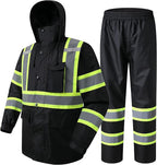 JKSafety Hi-Vis Reflective Safety Rain Jacket and Pants for Men Women Waterproof Rain Gears for Farming Fishing Work HV Rain Suit with Inner Mesh Lining and Pockets (117-Black XL)
