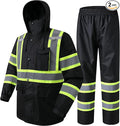 JKSafety Hi-Vis Reflective Safety Rain Jacket and Pants for Men Women Waterproof Rain Gears for Farming Fishing Work HV Rain Suit with Inner Mesh Lining and Pockets (117-Black L)