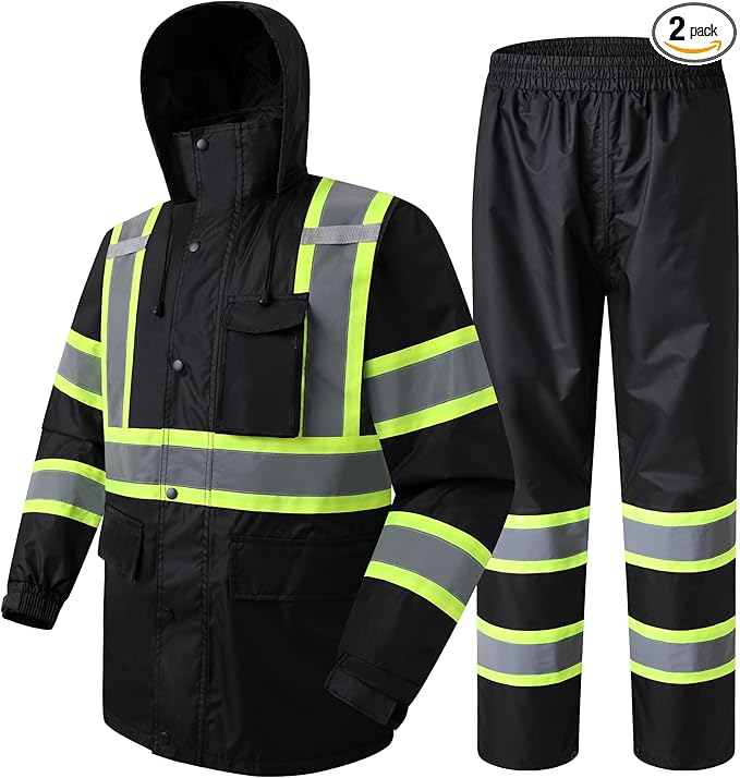 JKSafety Hi-Vis Reflective Safety Rain Jacket and Pants for Men Women Waterproof Rain Gears for Farming Fishing Work HV Rain Suit with Inner Mesh Lining and Pockets (117-Black 3XL)