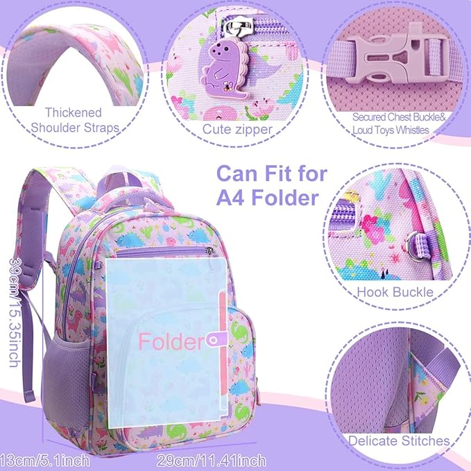 RHCPFOVR Kids Backpack for Girls - Girls Backpack 3-8 Ages Dinosaur for Kids 15 Inch School Bookbag for Kindergarten Elementary School Bookbag for Girl 1st 2nd Grade