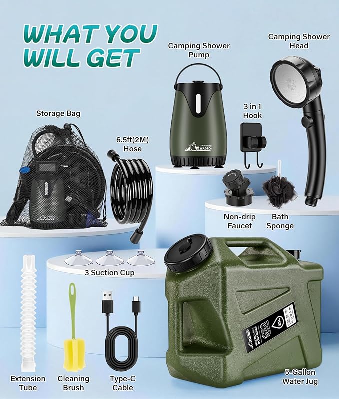 Portable Shower for Camping with 5-Gallon Water Jug, 6000mAh Rechargeable Outdoor Camping Shower Kit, IPX8 Waterproof Pump, Easy to Store for Hiking, Beach, 5-Mode Shower Head