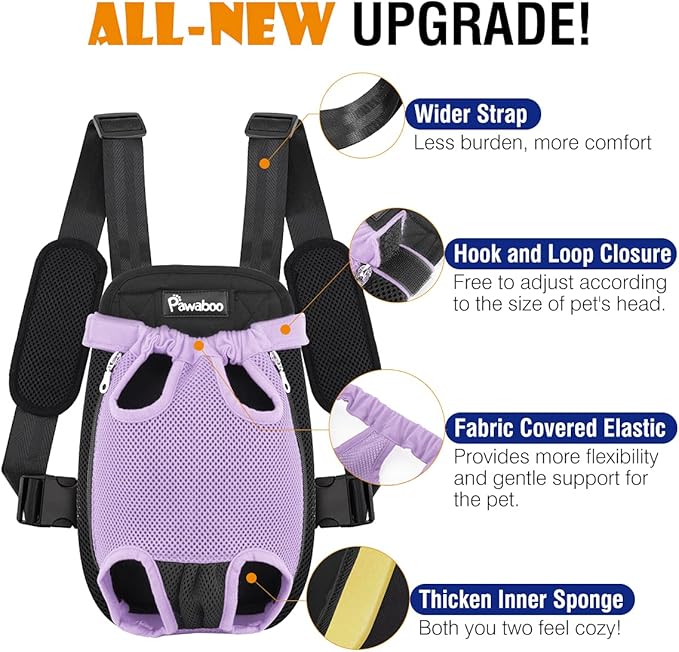 Pawaboo Pet Carrier Backpack, Adjustable Pet Front Cat Dog Carrier Backpack Travel Bag, Legs Out, Easy-Fit for Traveling Hiking Camping for Small Medium Dogs, Extra Large (Pack of 1), Black + Purple