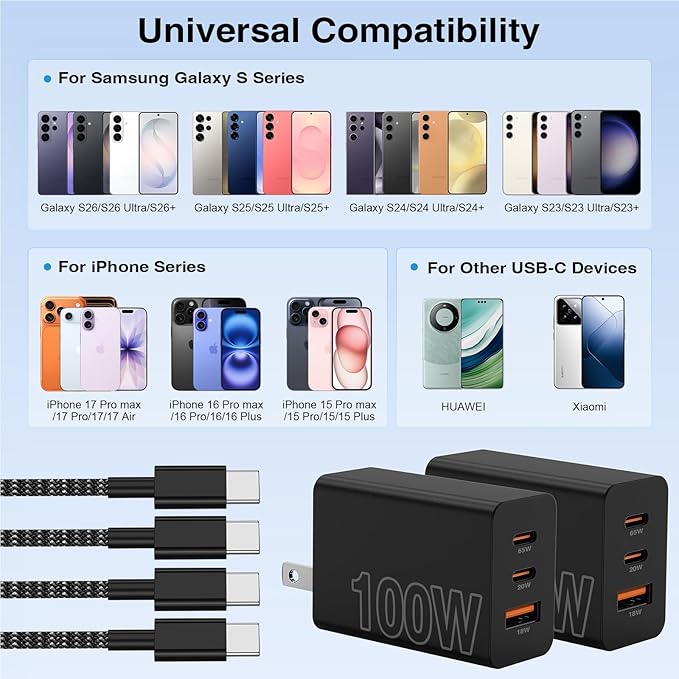 65W Super Fast Charger Type C for Samsung,3 Port 100W Quick Charging 3.0 USB C Block & 3/6/10/10FT Braided Type C Cord for Samsung Galaxy S26 Ultra/S26/S25 Ultra/iPhone 17 Pro/MacBook Pro/Air-Pink