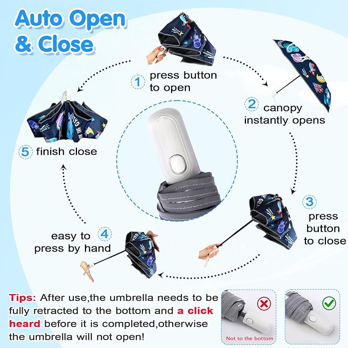 Kids Folding Umbrella Auto Open/Close Umbrellas for Rain Round Corner Safe Design UV Resistant Automatic Children Travel Umbrellas Reinforced Canopy 360° Reflective Strip Lightweight for Girls & Boys