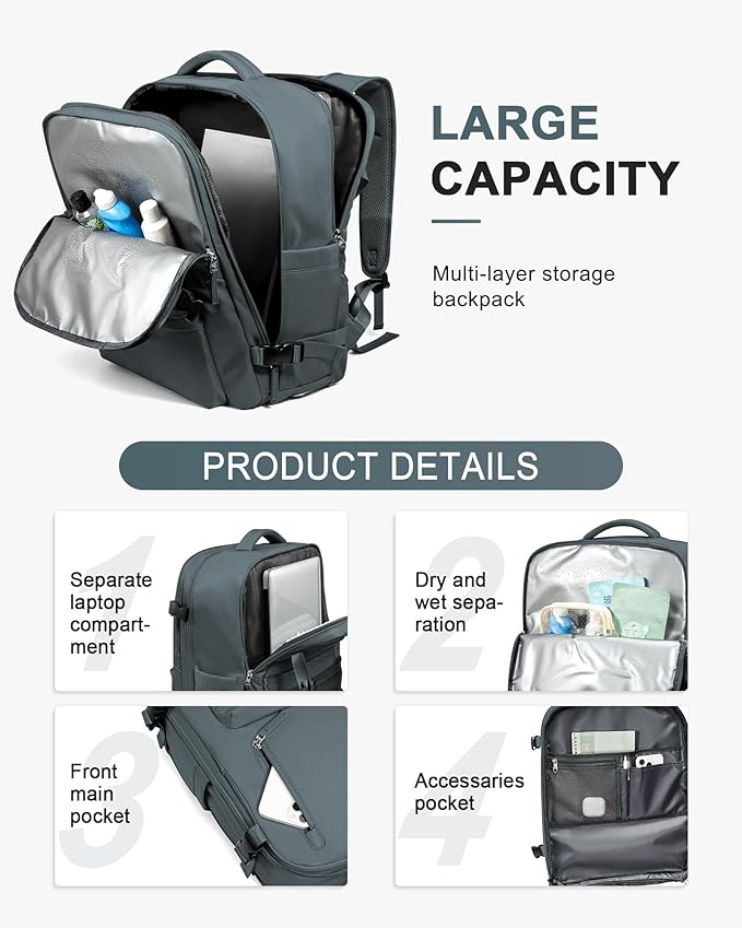 WONHOX Large Travel Backpack Women,Carry On Backpack Flight Approved 18x14x8 inches Bag Spirit Airlines Personal ltem,College Sports Hiking Rucksack Laptop Blackpack mochila de viaje, Grey Blue