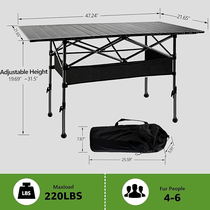 47in Portable Camping Table, Folding Beach Table, with Storage Net & Bag Easy to Carry, Prefect for Outdoor, Picnic, BBQ, Cooking, Festival, Beach, Home Use