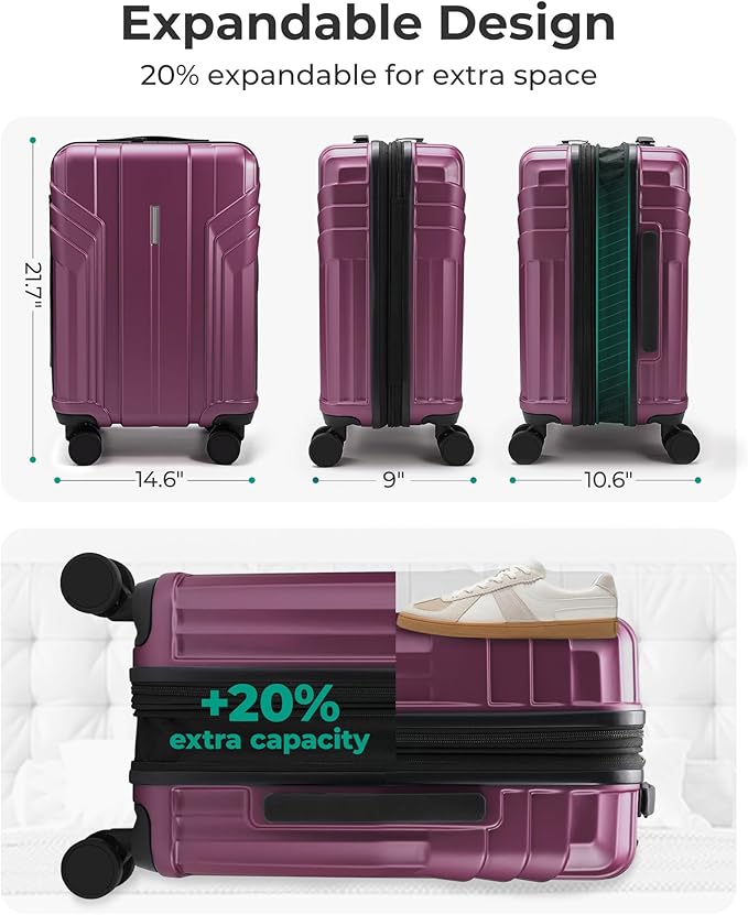 BAGSMART Expandable Carry On Luggage 22x14x9 Airline Approved, 20 Inch Travel Luggage with Spinner Wheels, Lightweight Hard Shell Suitcase Carry on Purplish Red