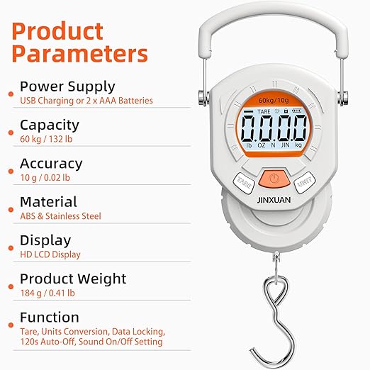 Fishing Scale Luggage Scale 132lb/60kg Digital Fish Scale, Fish Weight Scale with Backlit LCD Display, Luggage Weight Scale with 4 Units, 2 AAA Batteries, Hanging Scale for Fishermen Travelers