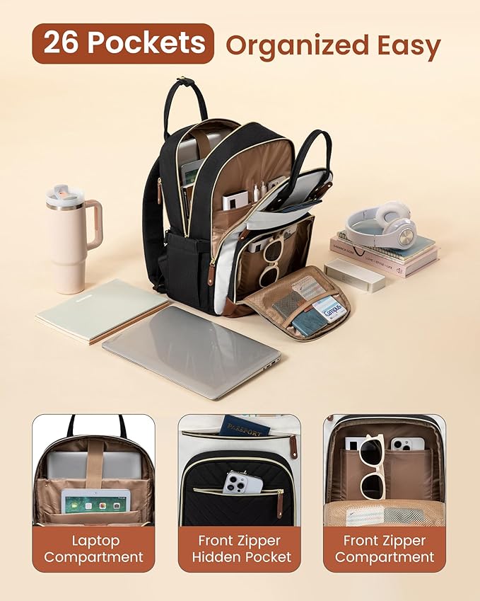 LOVEVOOK Laptop Backpack Women with Giant Tumbler Holder,18 inch Waterproof Work Travel Backpack Computer Laptop Bag,Cute College Nurse Teacher Backpack Purse,Gifts for Women & Men,Beige-Black-Brown