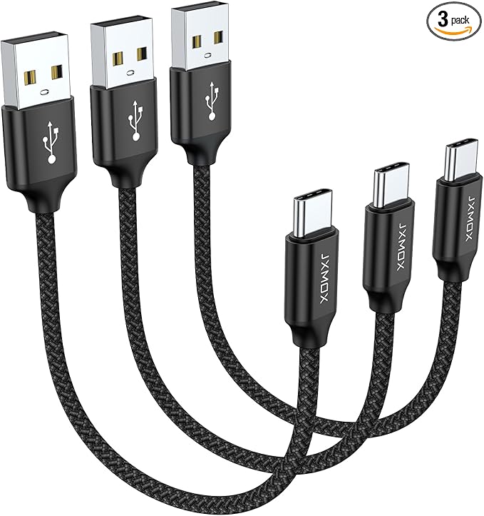 JXMOX Short USB C Cable (0.5ft 3-Pack), USB A to Type-C Charger Cord 3.1A Fast Charging Compatible with iPhone 15 16 Pro Max, Samsung Galaxy S20 S10 S9, Note 10 9, A80 A70 A50 A40, Power Bank (Black)