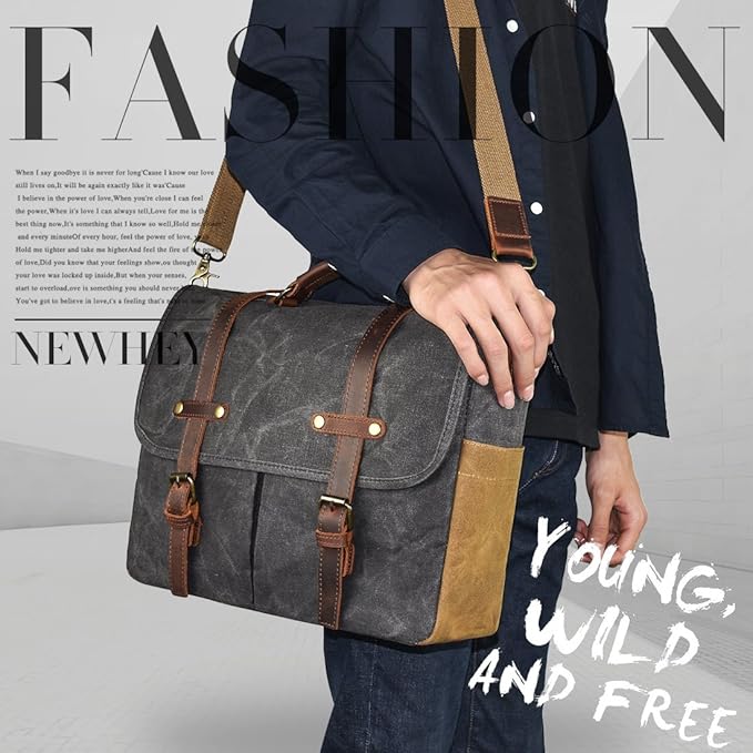 Mens Messenger Bag 15.6 Inch Waterproof Vintage Genuine Leather Waxed Canvas Briefcase Large Satchel Shoulder Bag Rugged Leather Computer Laptop Bag, Grey