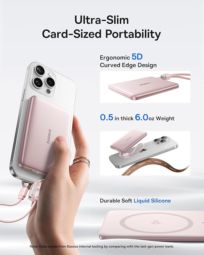 Baseus Picogo Qi2 15W Magsafe Portable Charger, 0.5" Ultra Slim 10000mAh Wireless Power Bank with 27W Built-in USB-C Cable, Magnetic Battery Pack for iPhone 17 Pro Max/17 Pro/Air/16/15/14/13/12
