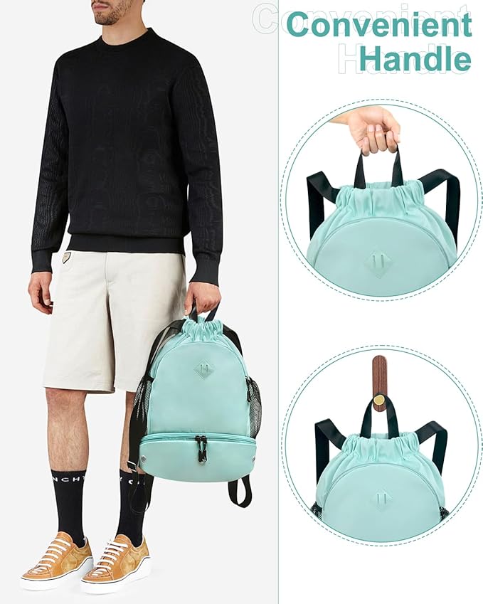RHDZO Drawstring Backpack Gym Backpack with Shoe Compartment for Men Women String Sports Bag with Wet Pocket Cinch Swim Beach Bag, Large Mint Green