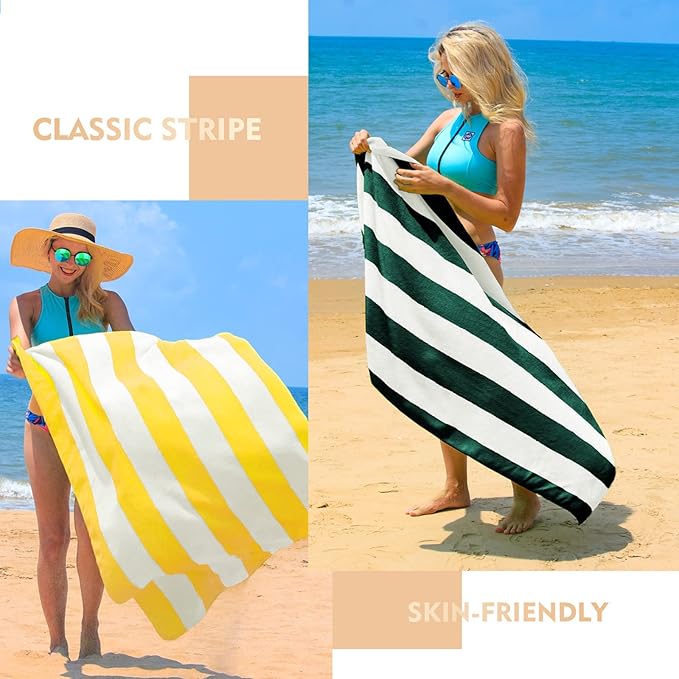 Exclusivo Mezcla 2 Pack Cotton Oversized 35x70 Inches Cabana Stripe Beach Towels, Super Absorbent Soft Plush Pool Bath Towel (Dark Green)