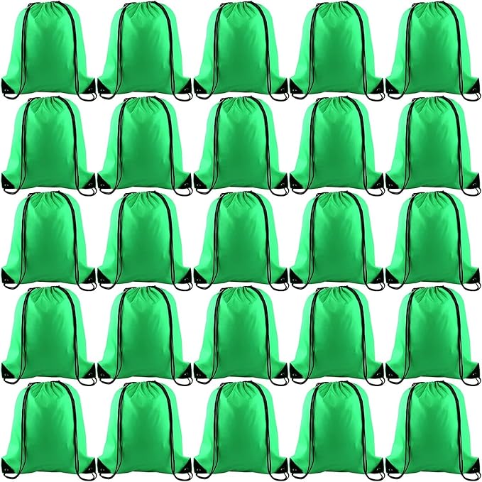 PLULON 25 Pcs Green Drawstring Backpack Bags Bulk String Backpack Cinch Sack Pull Sport Gym Backpack Bags for Yoga Traveling Outdoor Sports