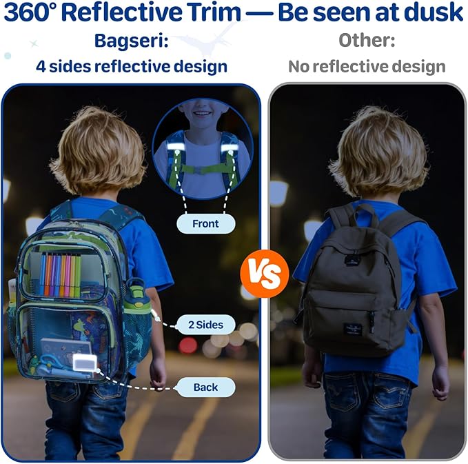 Bagseri Clear Backpack for Boys - 15 Inch Heavy Duty Kids Clear Bookbag for Kindergarten to Grade 2, Transparent School Bag with Reflective Strip, Fits Folders, Green Dinosaur