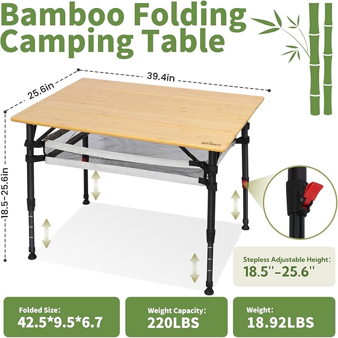 Join Nature 39.4'' Large Bamboo Camping Table, Adjustable Height Folding Outdoor Table with Aluminum Frame, Portable Camp Table with Carry Bag for Camping, RV, Picnic & Tailgating