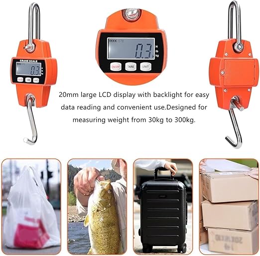 Portable Luggage Scale, Portable Digital Crane Scale 300kg Electronic Crane Scale DIY Weighing Tool Industrial Heavy Duty Weight Stainless Steel Hook Scale LCD Digital Hanging Scale