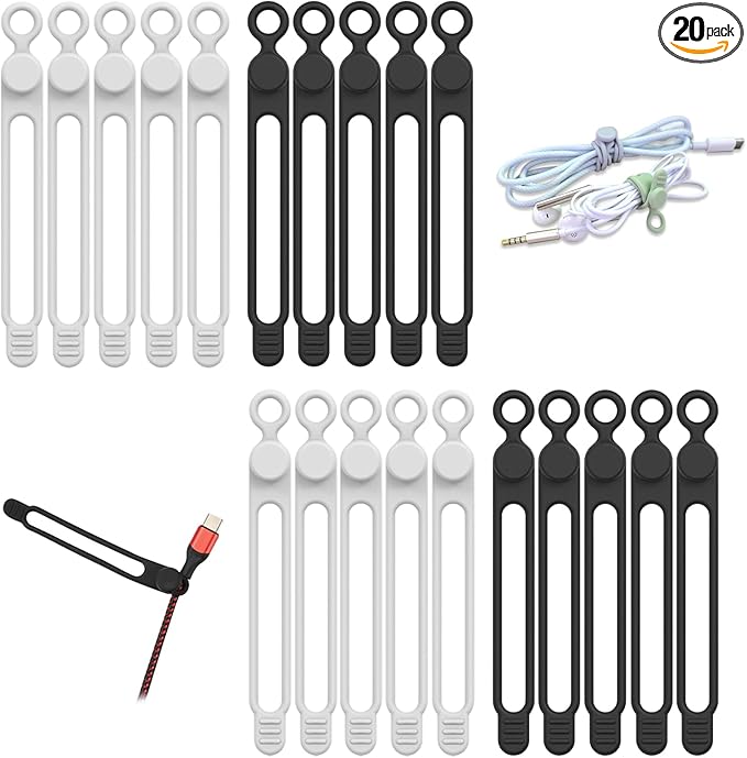 UMUST 20pcs Silicone Cable Ties,Reusable Cable Management Organizer, Wire Ties，Travel Cord Ties，Cord Organizer for Bundling Cable Cords in Home,Office,Kitchen,School(White Black)