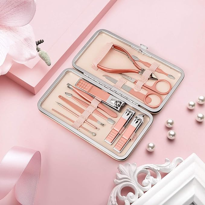 Manicure Set, 12 In 1 Stainless Steel Professional Pedicure Kit Nail Scissors Grooming Kit with Pink Leather Travel Case Pink