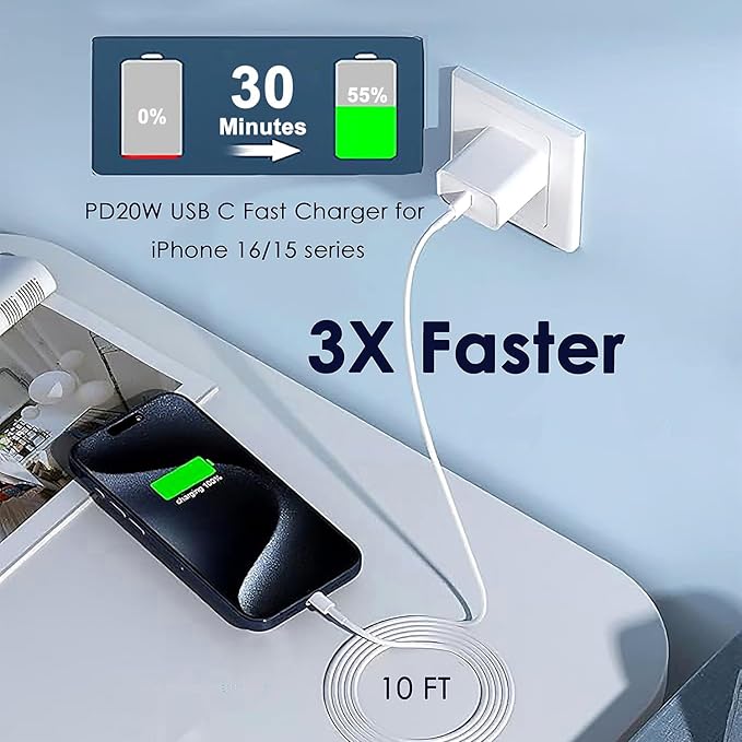 10FT iPhone 17 16 15 Fast Charger, 20W iPhone 17 Charger Fast Charging USB C Block Cube with 10FT Long USBC to USBC Cable for iPhone Air/17 Pro/17 Pro Max/16 Pro Max/16Pro/16/15Pro/15 Plus/15,iPad Air