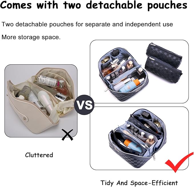 BOYATU Travel Makeup Bag Organizer: 3 Pcs Set Large Capacity Cosmetic Bags Holds 10–20 100ml Full-Size Bottles - 180°Open-Flat Make up Case 3-sec touch-up - Toiletry Bag Gift women (03-A-Dark Blue)
