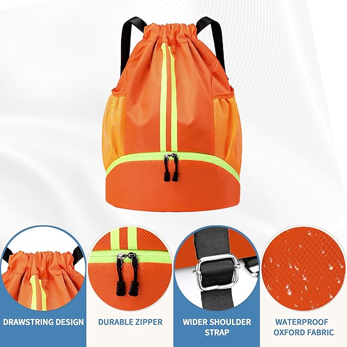 JELUTAR Drawstring Backpack Gym Bag with Shoes Compartment for Soccer, Basketball, Swim, Water-Resistant String Backpack Beach Cinch for Women Men, Orange