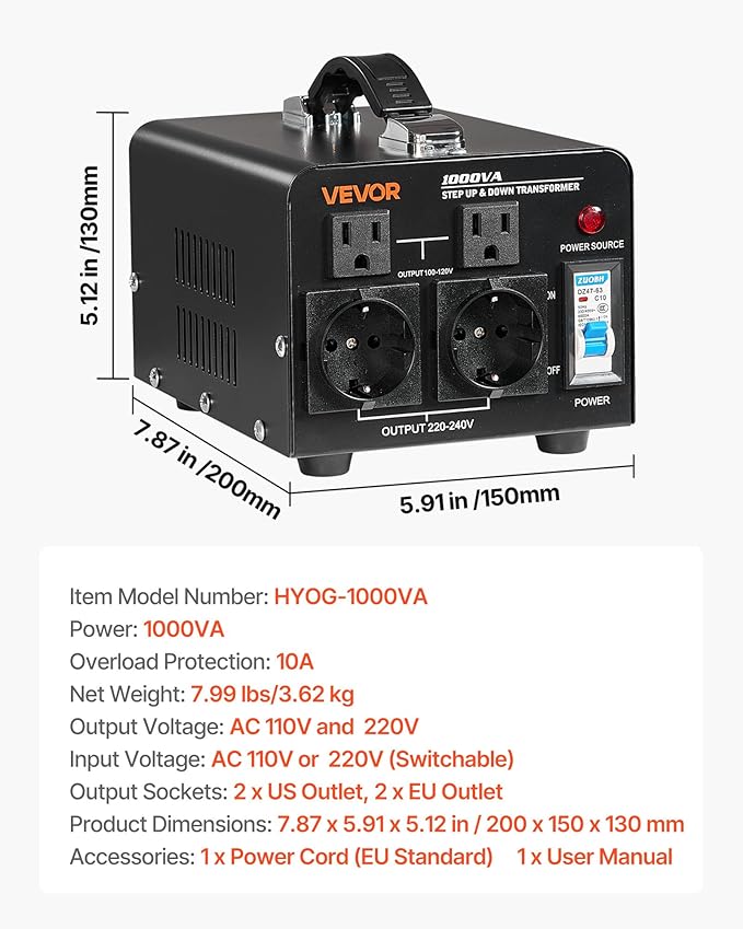 VEVOR Voltage Converter Transformer, 1000VA, Heavy Duty Step Up/Down Power Transformer, Convert from 110V to 220V and 220V to 110V, with EU & US Outlets, US Power Cord, Circuit Breaker Protection