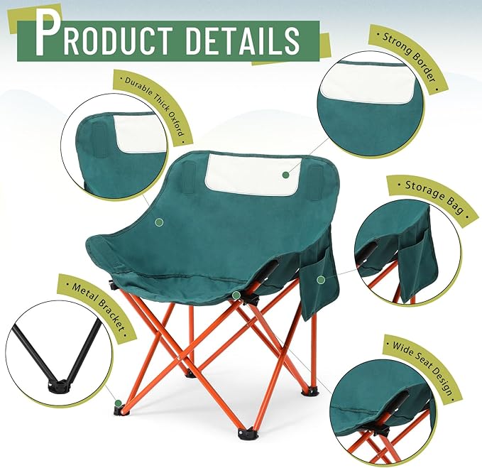 2 Pack Compact Camping Chairs Portable Folding for Outside with Carry Bag Lightweight Moon Chairs for Travel Picnic Hiking Beach Fishing, 600D Oxford, Supports 330lbs(Green)