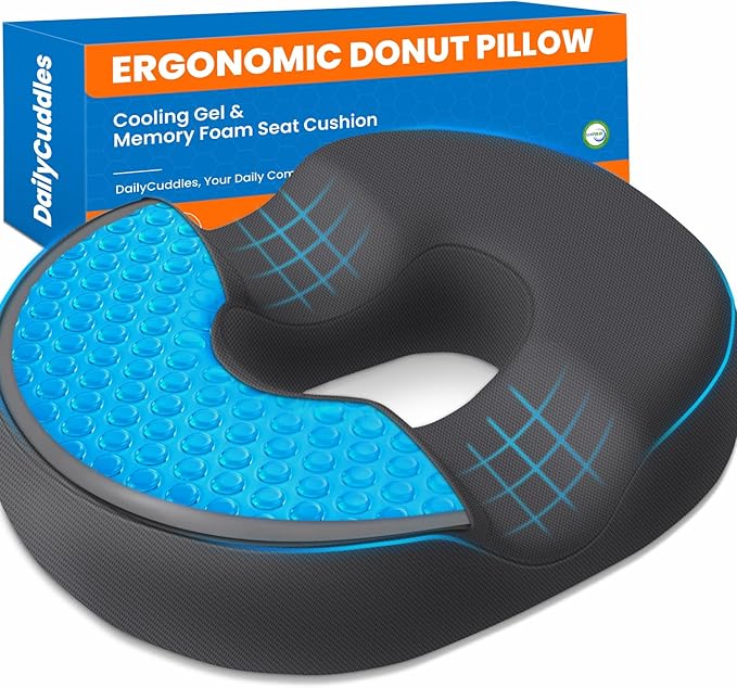 Donut Pillow for Tailbone Pain, Hemorrhoids - Cooling Gel Memory Foam Chair Seat Cushion for Office, Home & Wheelchair, Ergonomic Chair Pad for Pregnancy, Sciatica, Coccyx (XXL, Grey)
