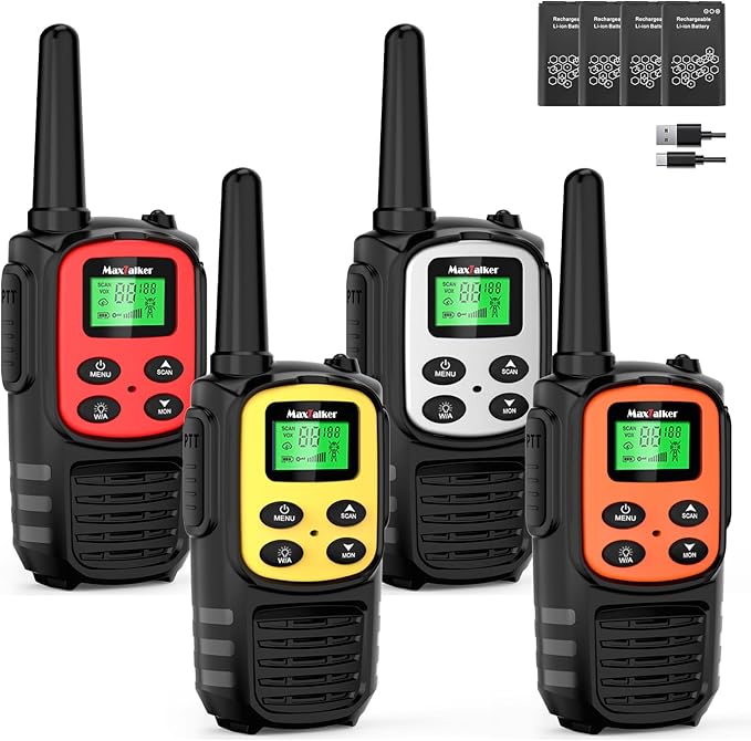 MaxTalker Walkie Talkies for Adults,Rechargeable Walkie Talkies Long Range,Two Way Radios with 22 FRS Channels,Li-ion Battery,USB-C Cable,Flashlight,NOAA,VOX Walkie Talkie for Camping 4 Pack
