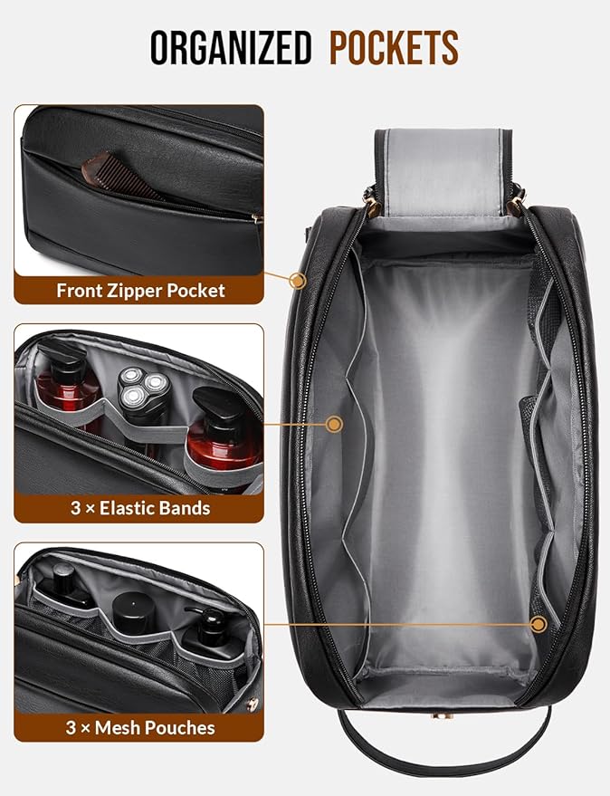 Large PU Leather Toiletry Bag for Men - Water Resistant Travel Bag for Toiletries, Bathroom Essentials, Accessories - Black
