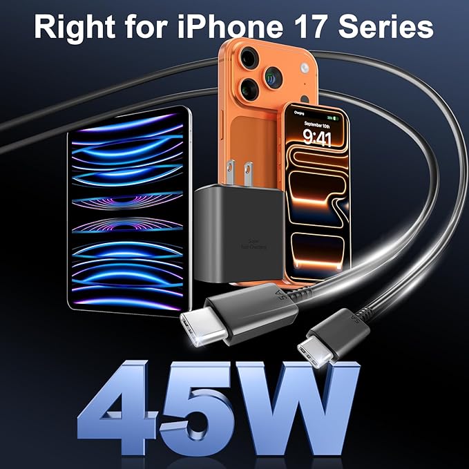 Phone 17 16 Pro Max Charger Fast Charging, 45W USB C Phone 17 16 Super Fast Charger Block with 6.6ft Long Type C Charging Cable Cord for i.Phone 17 Pro Max/17 Pro/17 Air/17/16/16Pro/16 ProMax /-Black