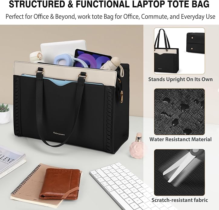 RAINSMORE Laptop Bag for Women 15.6 Inch Work Tote Bag with Detachable Strap & Bow Professional Laptop Tote with Cup Holder