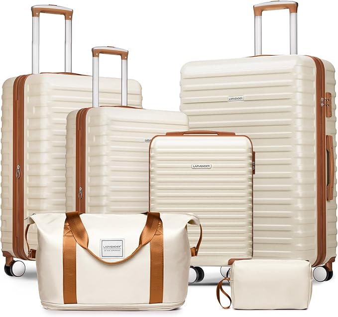 LARVENDER Luggage 6 Piece Expandable Luggage ABS Hardshell Carry on Suitcase with Spinner Wheels TSA Lock, Large Checked Travel Suitcase for Women and Men, Cream White(16/20/24/28/DB/TB)
