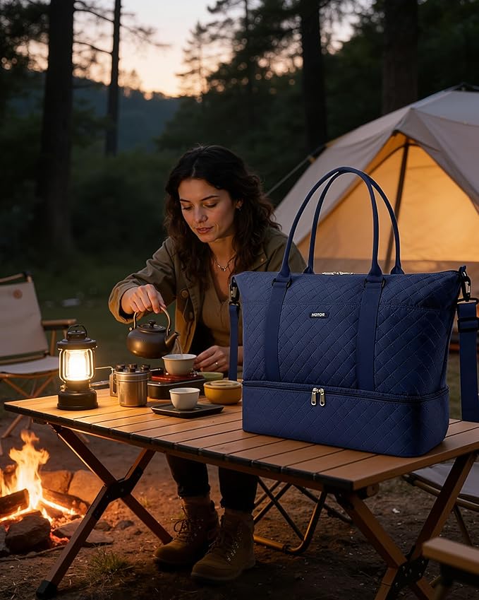 HOTOR Travel Duffel Bag - Weekender Bags for Women, Gym Tote Bags with Shoe Compartment, Carry On Overnight Bag with Toiletry Bag for Travel Essentials Travel Accessories, Dark Blue, 15.8"×18.1"×8.7"