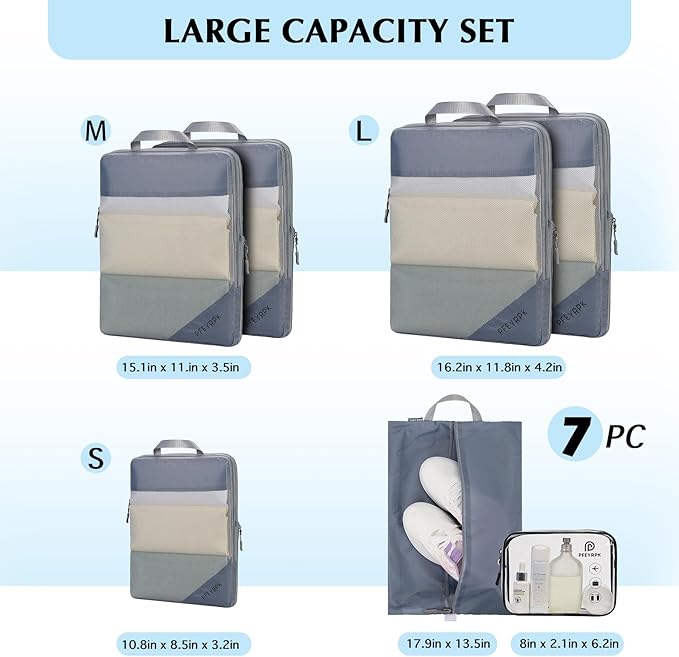 PFEYRPK Lightweight Compression Packing Cubes for Suitcases, Compressible Expandable Travel Packing Organizer with Clear Toiletries and Backpack Bag, Travel Essentials for Carry on Luggage 7 Set