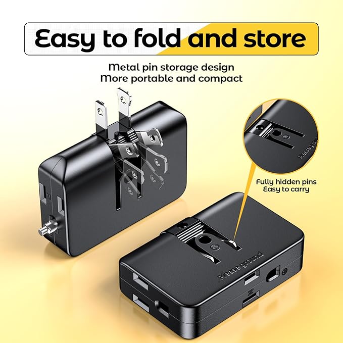 ETwinCoo Black 2-Prong to 3-Prong Adapter, Swivel Polarized Grounding Converter with Flat Wall Plug, Fireproof 3-Outlet for Household Use (2 Pack)