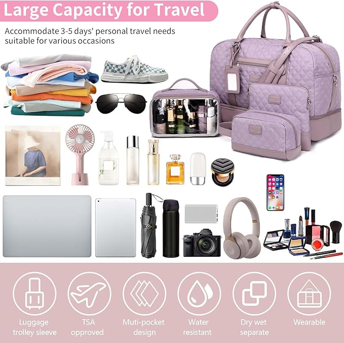 Wogarl 4PCS Weekender Bags for Women Large Overnight Weekend Travel Duffel Carry on Shoulder with Shoe Compartment Canvas Toiletry Bag for Travel Business Gym