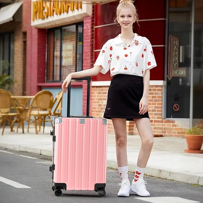 Krute Carry On Luggage 20 inch Aluminum Frame Luggage with Spinner Wheels Hardshell No Zipper PC+ABS TSA Lock Zipperless Suitcases Pink