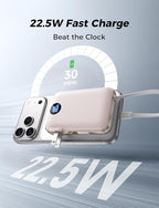 Portable Charger 10000mAh with Built-in Cables and AC Wall Plug, 22.5W Fast Charging Power Bank with LED Display for iPhone 17/16, Samsung, Android Devices, Camping, Road Trips and Travel, Pink
