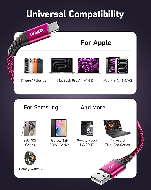 USB C Cable 60W Fast Charging [2 Pack 3FT], USB A to USB C Cable for CarPlay, USB to Type C iPhone Charger Durable Braided USBC Cord for iPhone 17/16/15/Pro Max, Samsung Galaxy S23 and More-Rose Red