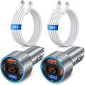 4-Port 65W Fast Car Charger USB C for iPhone 17/16/15/14 Pro Max, 2 Pack Dual 12V USB-A&C Car Charger with Voltage Meter Cigarette Lighter Adapter for Galaxy A17/A16/S25/S24+6FT Type-C Cable