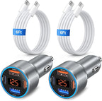4-Port 65W Fast Car Charger USB C for iPhone 17/16/15/14 Pro Max, 2 Pack Dual 12V USB-A&C Car Charger with Voltage Meter Cigarette Lighter Adapter for Galaxy A17/A16/S25/S24+6FT Type-C Cable