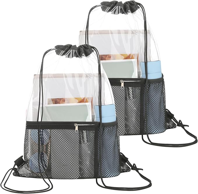 NATURAL STYLE 2 PACK Clear Drawstring Bag Stadium Approved, See Through Transparent PVC Drawstring Backpack, Clear Bag for for Concert Sport Festival Travel Work (Black)